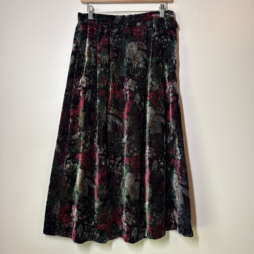 Vintage Crushed‎ Velvet Whimsigoth Midi Skirt Dark Floral Fairy Size 8 Steampunk